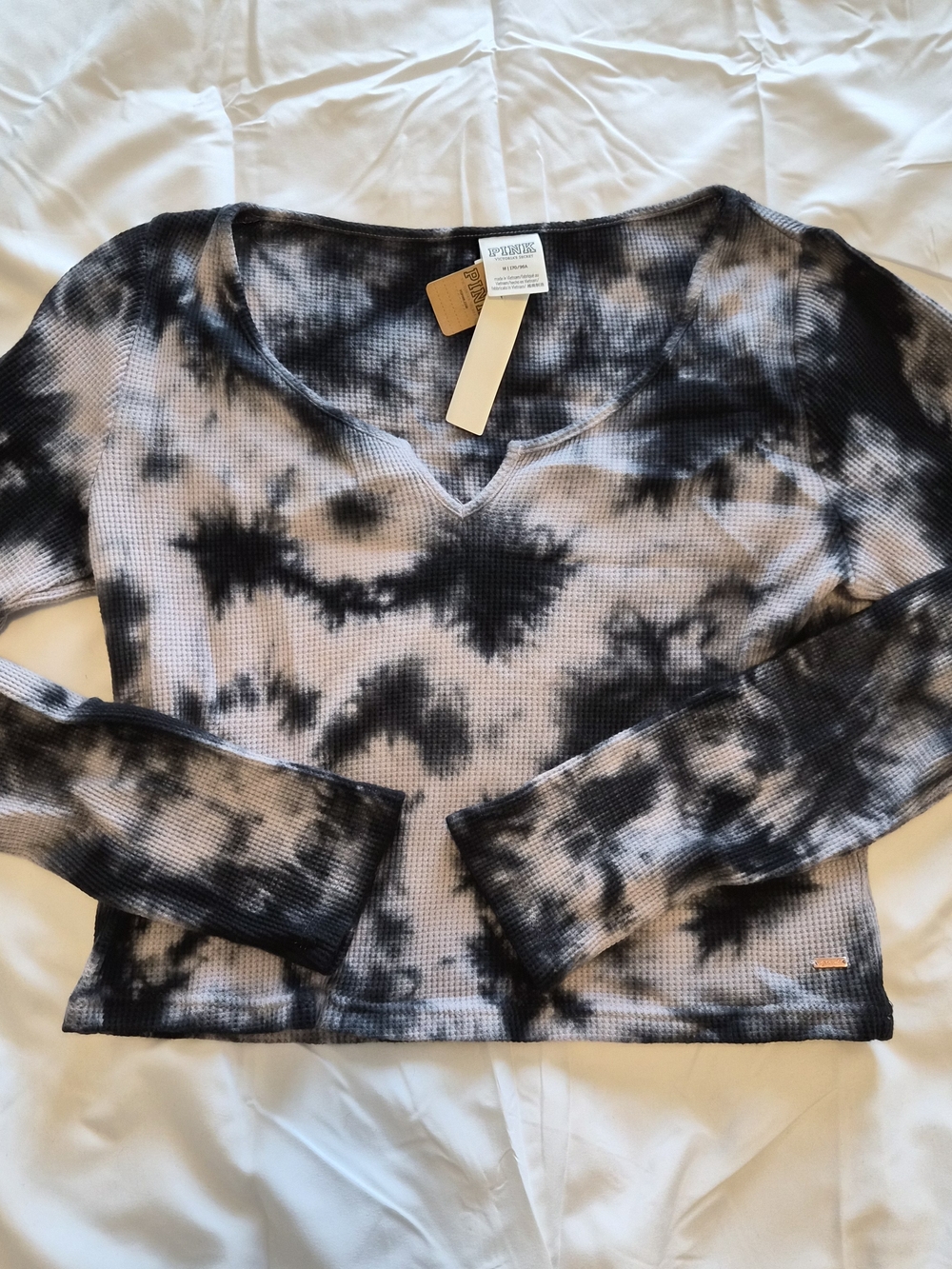 PINK Victoria's Secret Waffle Knit Tie-Dye Long Sleeve Crop Top Size Medium